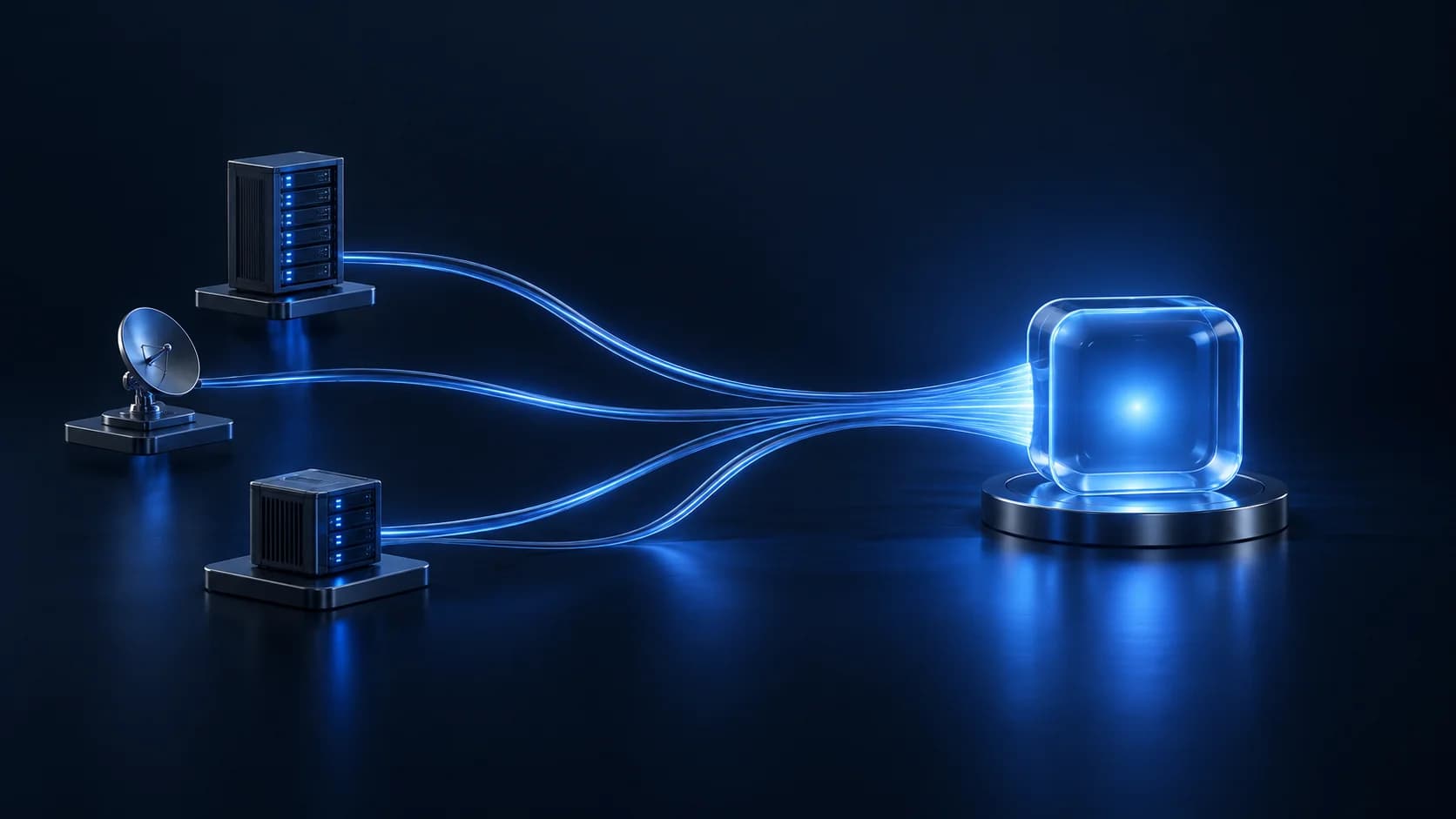 Ilustración 3D de recorridos de luz azul que conectan la infraestructura en una única operación